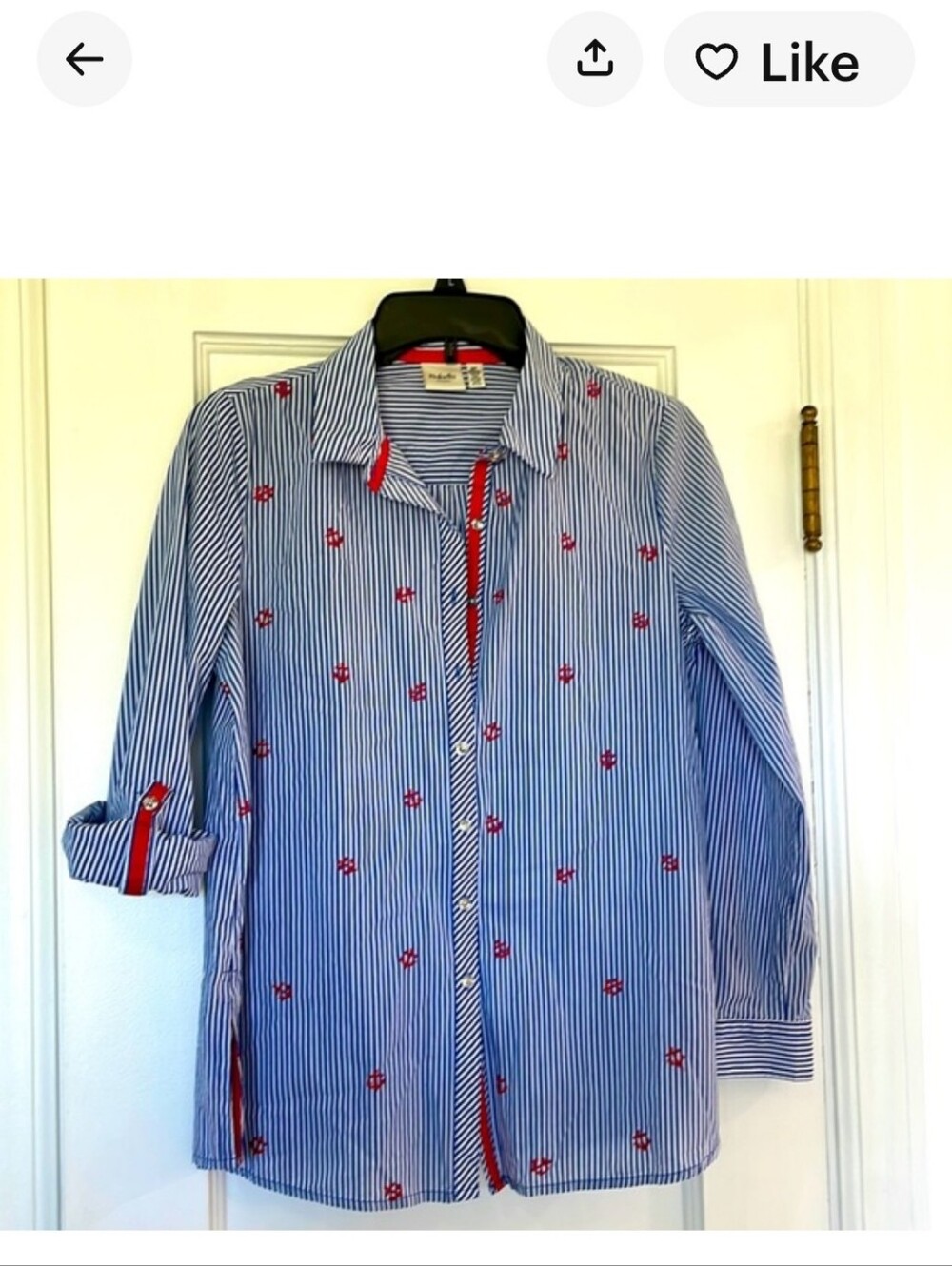 Rafaella Blue & White Stripe Button-Down Shirt with Red Accents